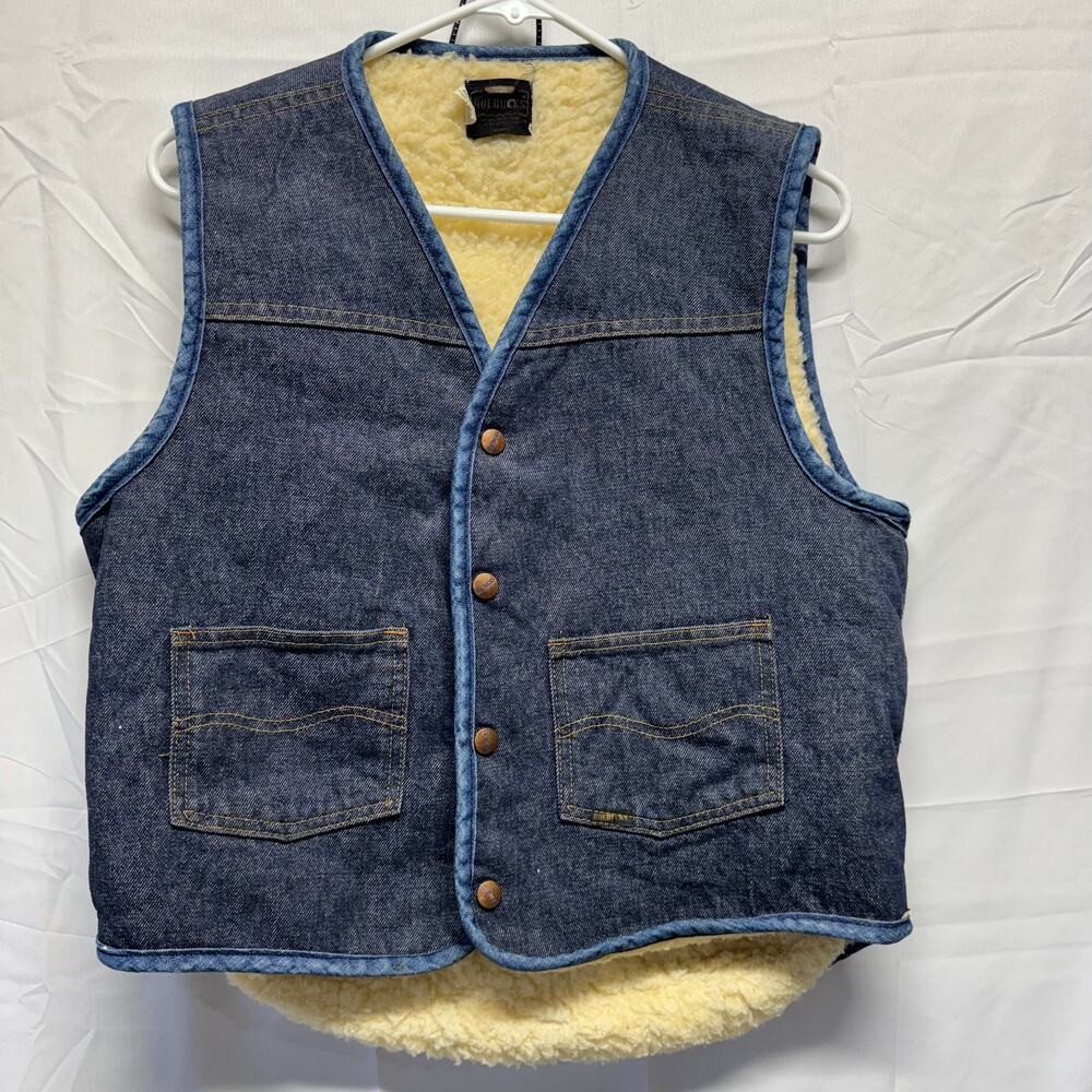 VTG 70s Sears Roebucks Denim Vest Mens M Sherpa Lined Western Workwear Cowboy